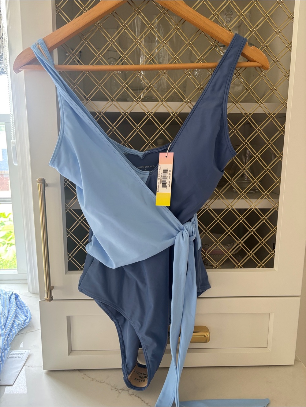 summersalt Two-Tone Light Blue & Deep Blue Wrap One-Piece Bodysuit